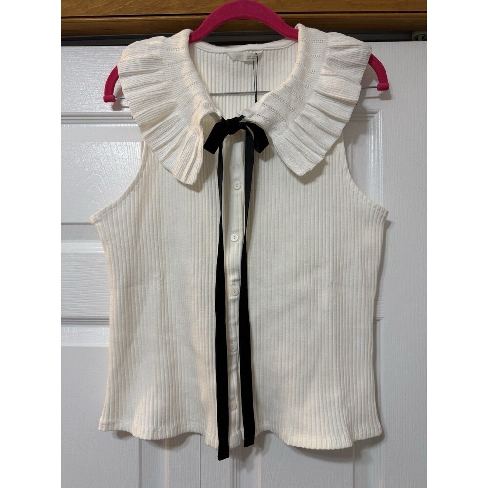 ZARA Ivory  Crochet Knit Collar Sleeveless Top Ruffles Size L NWT